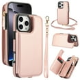 thumbnail image 1 of Wallet Case for iPhone 16 Pro, with Wrist and Shoulder Strap Kickstand Flip PU Leather 6 Card Slots Zipper Pocket Shockproof Protective Phone Case Cover for iPhone 16 Pro, Rosegold, 1 of 8
