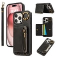 thumbnail image 1 of Wallet Case for iPhone 16 Pro, with Wrist Strap 360 Rotating Finger Ring Flip Zipper PU Leather Stand Card Slots Shockproof Drop Protective Phone Cover Girls Women Magnetic Buckle, Black, 1 of 8