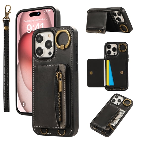 Wallet Case for iPhone 16 Pro, with Wrist Strap 360 Rotating Finger Ring Flip Zipper PU Leather Stand Card Slots Shockproof Drop Protective Phone Cover Girls Women Magnetic Buckle, Black