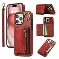 thumbnail image 1 of Wallet Case for iPhone 16 Pro, with Wrist Strap 360 Rotating Finger Ring Flip Zipper PU Leather Stand Card Slots Shockproof Drop Protective Phone Cover Girls Women Magnetic Buckle, Red, 1 of 8