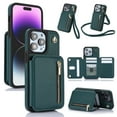 thumbnail image 1 of Wallet Case for iPhone 16 Pro with Wrist Strap & Crossbody Strap, Premium PU Leather Card Holder Stand Flip Zipper Pocket RFID Blocking, Women Girls Protective Phone Case Cover, Green, 1 of 8