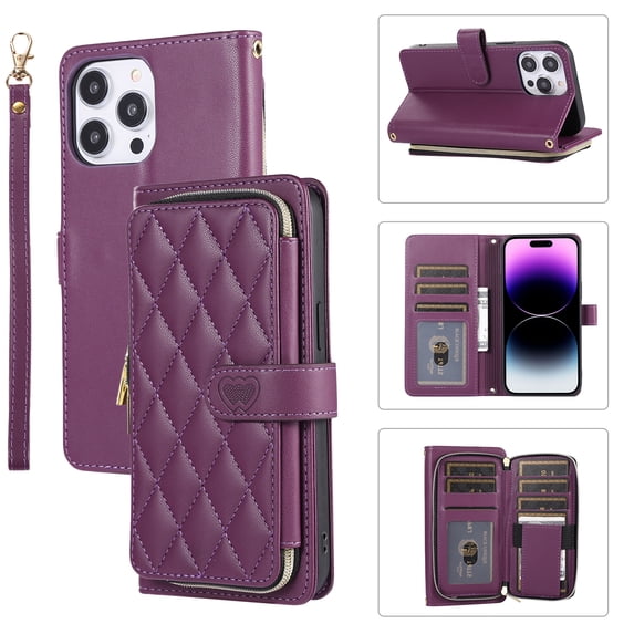 Wallet Case for iPhone 16 Pro with Wrist Strap, Shoulder Strap, 9+ Card Slots Zipper Purse, Luxury PU Leather Stand Phone Cover Magnetic Clasp Compatible with iPhone 16 Pro, Darkpurple