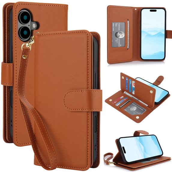 Wallet Case for iPhone 16, RFID Blocking Flip Cover with 7 Card Slots, Cash Compartment, Magnetic Closure, and Hands-Free Stand, Slim Protective Phone Case with Wrist Strap,Brown