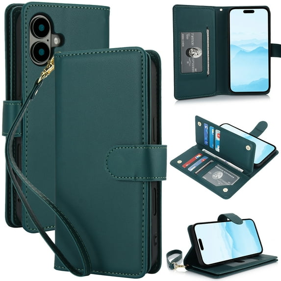 Wallet Case for iPhone 16, RFID Blocking Flip Cover with 7 Card Slots, Cash Compartment, Magnetic Closure, and Hands-Free Stand, Slim Protective Phone Case with Wrist Strap,Green