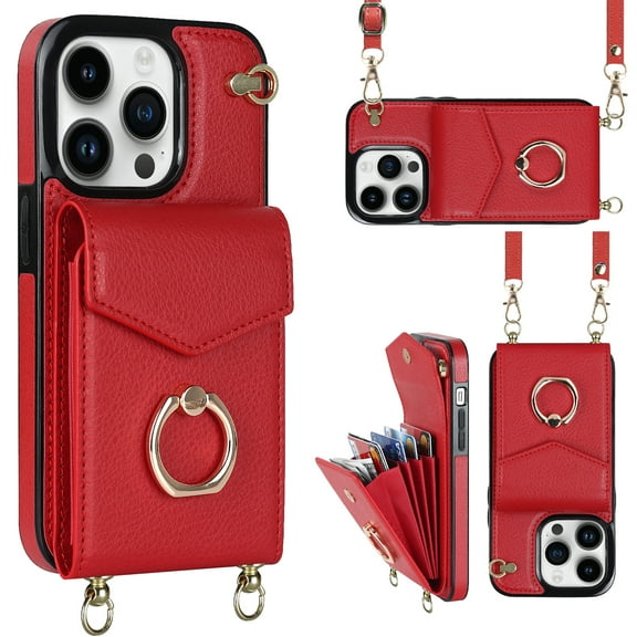Wallet Case for iPhone 16 with Ring Holder Kickstand, Luxury PU Leather Lanyard Crossbody Back Purse Cover with RFID Blocking Card Holder, Shockproof Protective Case for iPhone 16, Red