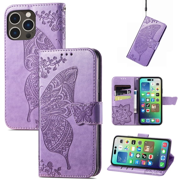 Wallet Case for iPhone 16,Women Flip Folio PU Leather Protective Case Wrist Strap Card Slots Holder Purse Emboss Butterfly Flower Stand Flip Case for iPhone 16,Lightpurple
