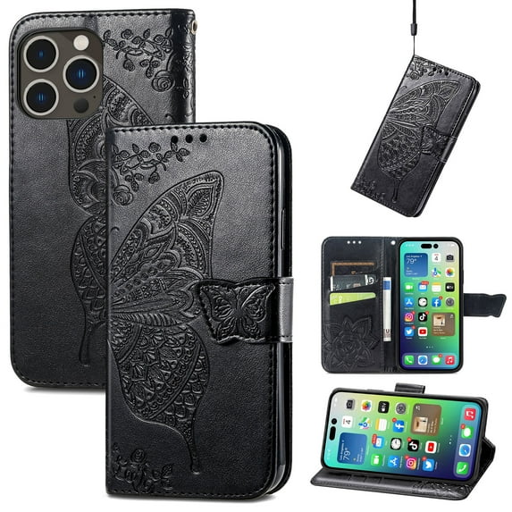 Wallet Case for iPhone 16,Women Folio PU Leather Case Wrist Strap Card Slots Holder Purse Embossed Butterfly Flower Stand Magnetic Closure Flip Full-Body Protective Case,Black
