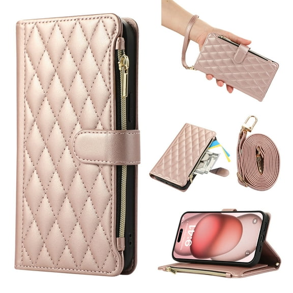 Wallet Case for iPhone 16 with Wrist Strap, Crossbody Shoulder Strap, Card Slots Zipper Purse Luxury PU Leather Stand Phone Cover for iPhone 16 - Rosegold