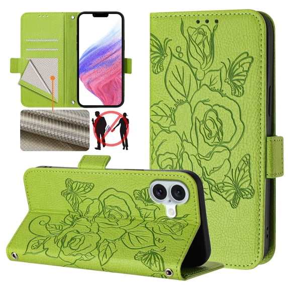 Wallet Case for iPhone 16, Wrist Strap & Shoulder Strap PU Leather Case, Pattern Kickstand Magnetic Clasp Folio Flip Cover for iPhone 16 Flip Case with Card Holder - Green