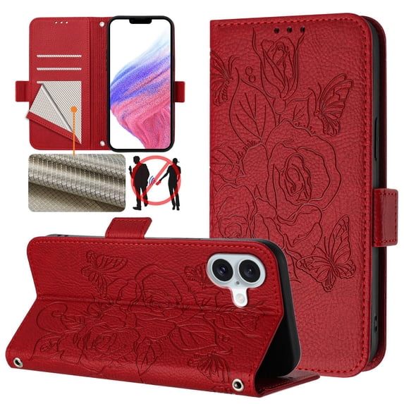 Wallet Case for iPhone 16, Wrist Strap & Shoulder Strap PU Leather Case, Pattern Kickstand Magnetic Clasp Folio Flip Cover for iPhone 16 Flip Case with Card Holder - Red