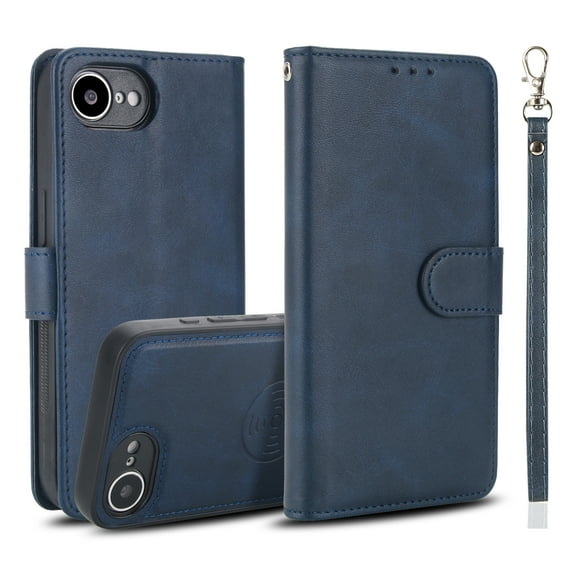 Wallet Case for iPhone 16e, 2 In 1 PU Leather Flip Phone Case with Detachable Magnetic TPU Inner, Kickstand Phone Cover with Card Slots & Wrist Strap for iPhone 16e, Blue