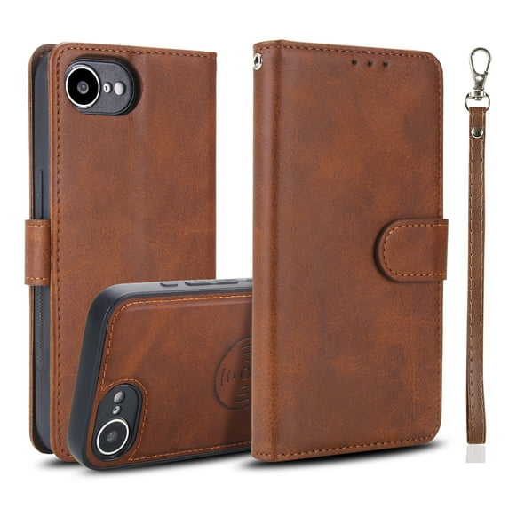 Wallet Case for iPhone 16e, 2 In 1 PU Leather Flip Phone Case with Detachable Magnetic TPU Inner, Kickstand Phone Cover with Card Slots & Wrist Strap for iPhone 16e, Brown