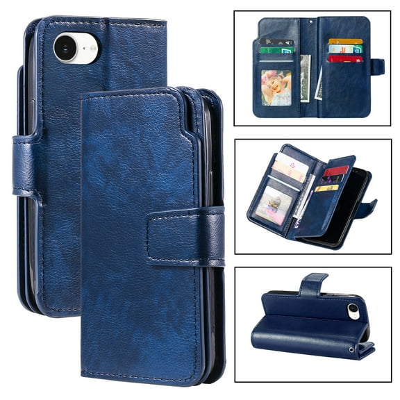Wallet Case for iPhone 16e,[9 Card Holders & 2 Cash Pocket] RFID Blocking Premium PU Leather Magnetic Flip Kickstand Folio Case Durable TPU Shell Protective Luxury Cover - Blue