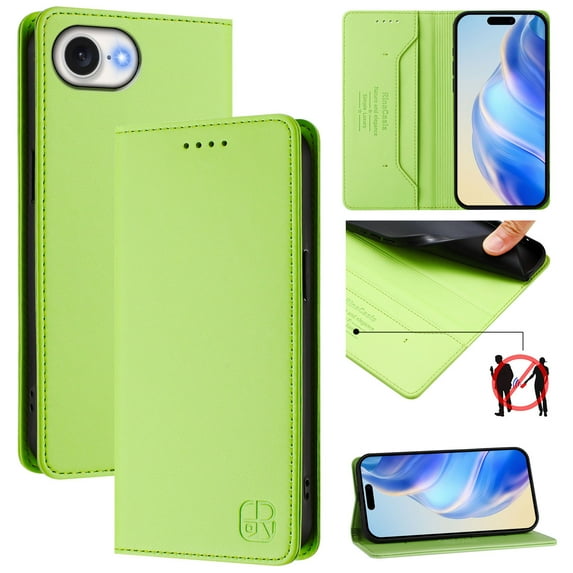 Wallet Case for iPhone 16e with Card Holder, Business Premium PU Leather Flip RFID Blocking Wallet Case with Wrist Strap Kickstand Protective Cover for iPhone 16e, Green