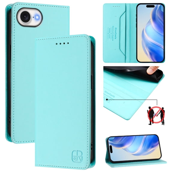 Wallet Case for iPhone 16e with Card Holder, Business Premium PU Leather Flip RFID Blocking Wallet Case with Wrist Strap Kickstand Protective Cover for iPhone 16e, Mint