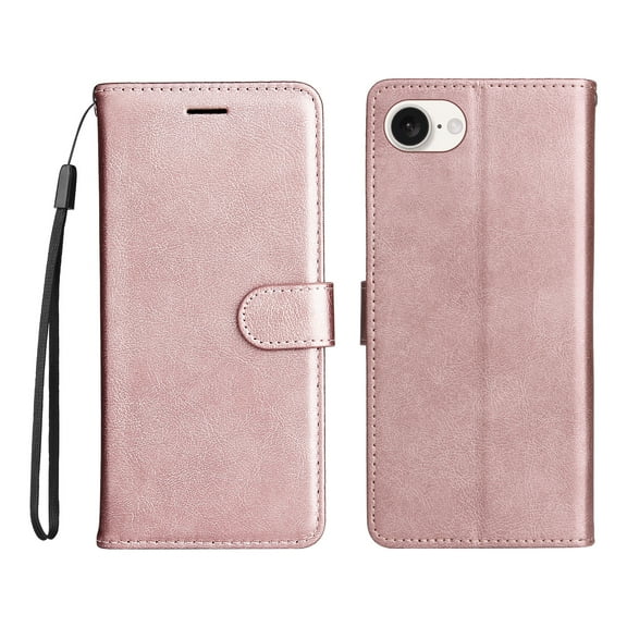 Wallet Case for iPhone 16e with Card Holder, PU Leather Flip Folio Shell Wrist Strap Stand Function Magnetic Closure Shockproof Protective Phone Cover for iPhone 16e, Rosegold