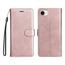 Wallet Case for iPhone 16e with Card Holder, PU Leather Flip Folio Shell Wrist Strap Stand Function Magnetic Closure Shockproof Protective Phone Cover for iPhone 16e, Rosegold