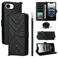 thumbnail image 1 of Wallet Case for iPhone 16e with Card Holder/Wrist Strap/Crossbody Strap/Magnetic Snap/Kickstand PU Leather Shockproof Full Body Protective Rugged Phone Cover iPhone 16e, Black, 1 of 6