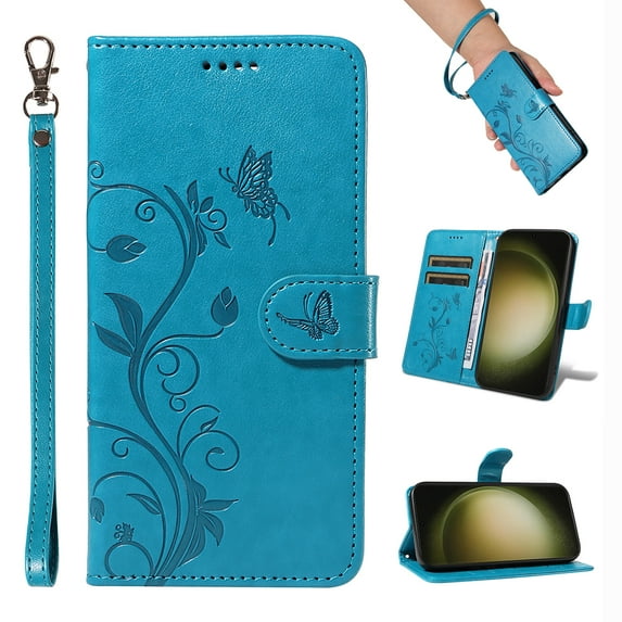 Wallet Case for iPhone 16e with Card Slots, Embossed Pattern PU Leather Phone Case with Flip Kickstand, Detachable Wrist Strap, Magnetic Closure for iPhone 16e Case, Blue