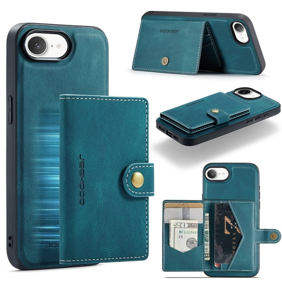 Wallet Case for iPhone 16e with Detachable Card Holder Slots, Premium PU Leather Slim Protective Cover with Back Kickstand Magnetic Closure, Shockproof Phone Case for iPhone 16e, Blue