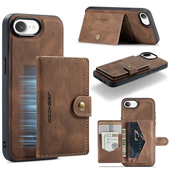 Wallet Case for iPhone 16e with Detachable Card Holder Slots, Premium PU Leather Slim Protective Cover with Back Kickstand Magnetic Closure, Shockproof Phone Case for iPhone 16e, Brown