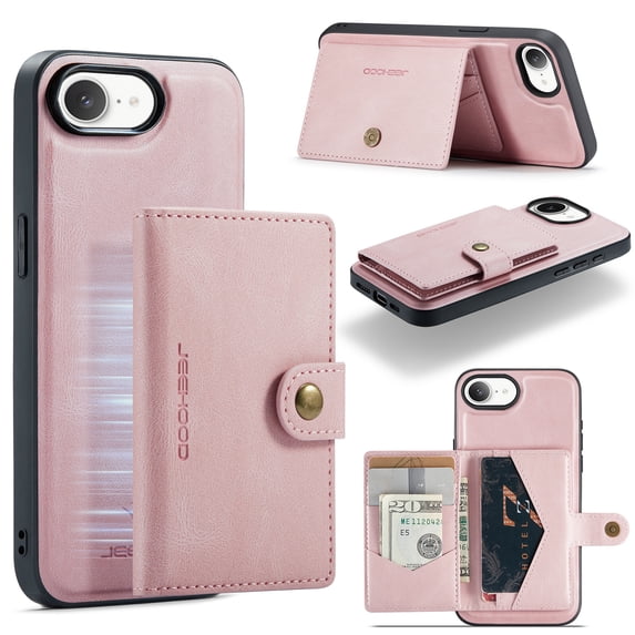 Wallet Case for iPhone 16e with Detachable Card Holder Slots, Premium PU Leather Slim Protective Cover with Back Kickstand Magnetic Closure, Shockproof Phone Case for iPhone 16e, Pink