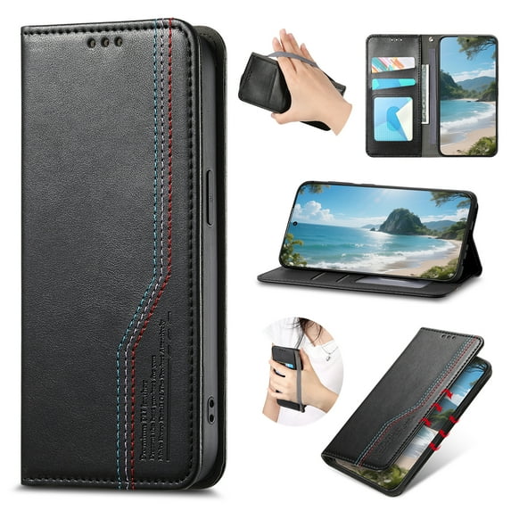 Wallet Case for iPhone 16e, PU Leather Flip Cover with Elastic Wristband, Kickstand Shockproof Card & Cash Slots, Magnetic Closure Drop Protective Rugged Phone Cover for iPhone 16e, Black