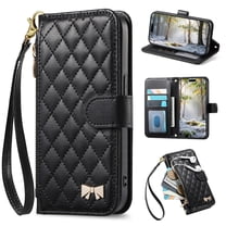 Wallet Case for iPhone 16e, Premium Lychee Texture PU Leather Magnetic Closure Zipper Pocket Case Kickstand Card Holder Slots with Wrist Strap TPU Shockproof Flip Phone Cover - Black