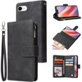 thumbnail image 1 of Wallet Case for iPhone 16e, Premium Vintage PU Leather Zipper Pocket Case with Card Holder Slots Magnetic Closure Kickstand Wrist Strap Shockproof Flip Folio Cover - Black, 1 of 7