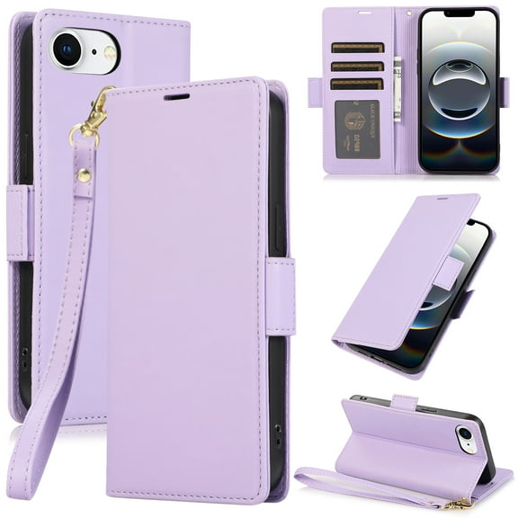 Wallet Case for iPhone 16e with [RFID Blocking] Card Holder Kickstand with Lanyard,Magnetic Clasp PU Flip Leather Shockproof Full-body Phone Case for iPhone 16e,Purple