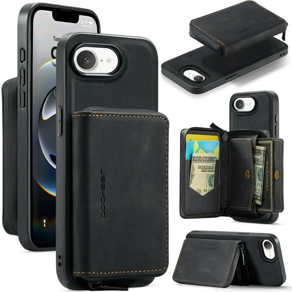 Wallet Case for iPhone 16e, Removeable Zipper Pocket Back Case with Card Holder, PU Leather Drop Protective Cover Case with Kickstand for iPhone 16e, Black