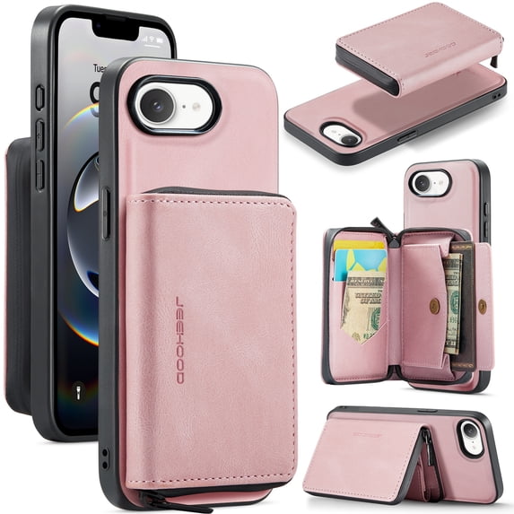 Wallet Case for iPhone 16e, Removeable Zipper Pocket Back Case with Card Holder, PU Leather Drop Protective Cover Case with Kickstand for iPhone 16e, Pink