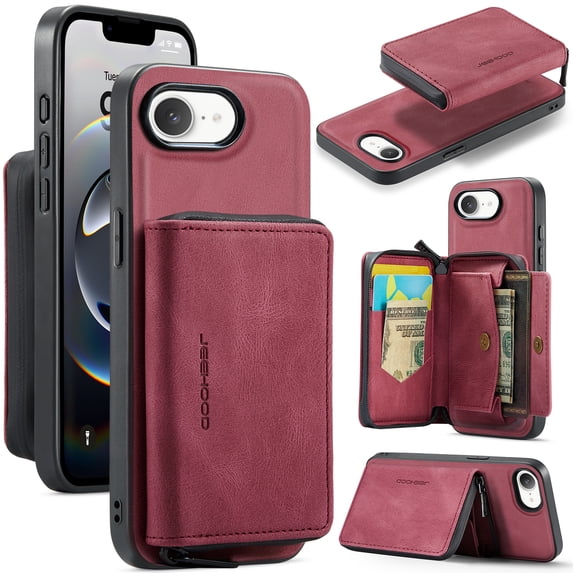 Wallet Case for iPhone 16e, Removeable Zipper Pocket Back Case with Card Holder, PU Leather Drop Protective Cover Case with Kickstand for iPhone 16e, Red