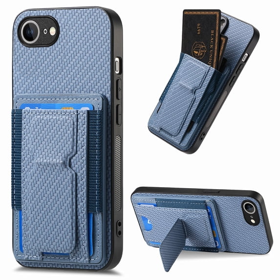 Wallet Case for iPhone 16e, Slim Protective Case with Credit Card Slots Hidden Kickstand, Carbon Fiber Texture PU Leather Shockproof Anti-Scratch Protective Phone Cover for iPhone 16e, Blue