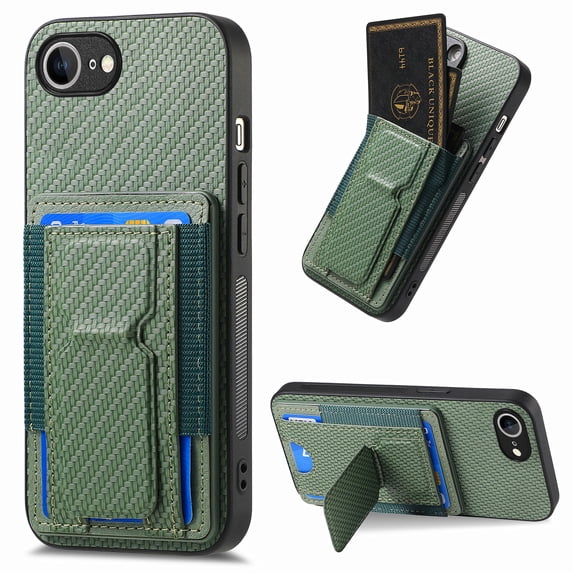 Wallet Case for iPhone 16e, Slim Protective Case with Credit Card Slots Hidden Kickstand, Carbon Fiber Texture PU Leather Shockproof Anti-Scratch Protective Phone Cover for iPhone 16e, Green