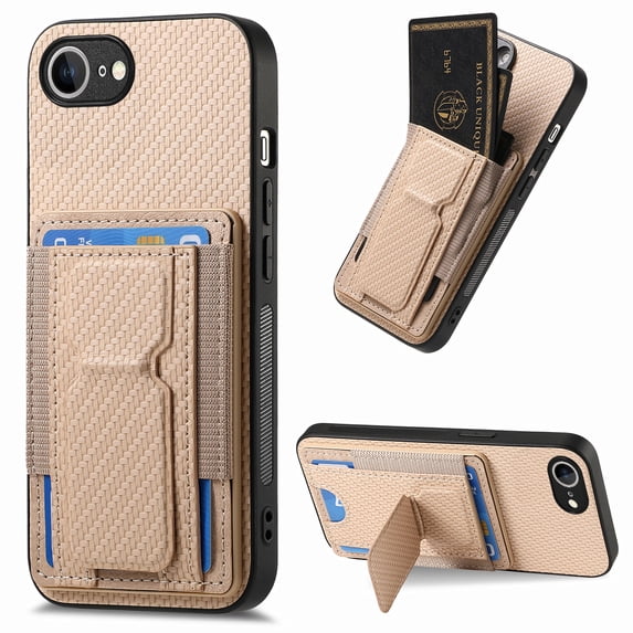 Wallet Case for iPhone 16e, Slim Protective Case with Credit Card Slots Hidden Kickstand, Carbon Fiber Texture PU Leather Shockproof Anti-Scratch Protective Phone Cover for iPhone 16e, Khaki