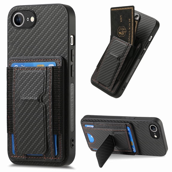Wallet Case for iPhone 16e, Slim Protective Case with Credit Card Slots Hidden Kickstand, Carbon Fiber Texture PU Leather Shockproof Anti-Scratch Protective Phone Cover for iPhone 16e, Black