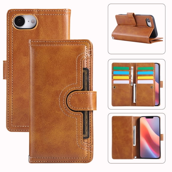 Wallet Case for iPhone 16e with Wrist Strap [9 Card Slots] PU Leather RFID Blocking ID Credit Holder & Outer Pocket Folio Flip Kickstand Magnetic Clasp Shockproof Phone Cover,Orange