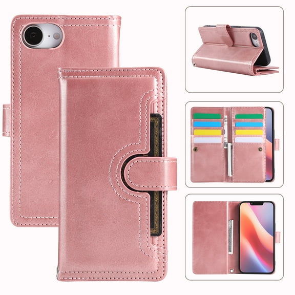 Wallet Case for iPhone 16e with Wrist Strap [9 Card Slots] PU Leather RFID Blocking ID Credit Holder & Outer Pocket Folio Flip Kickstand Magnetic Clasp Shockproof Phone Cover,Rosegold