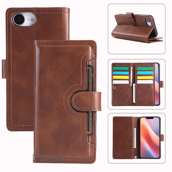 Wallet Case for iPhone 16e with Wrist Strap [9 Card Slots] PU Leather RFID Blocking ID Credit Holder & Outer Pocket Folio Flip Kickstand Magnetic Clasp Shockproof Phone Cover,Coffee