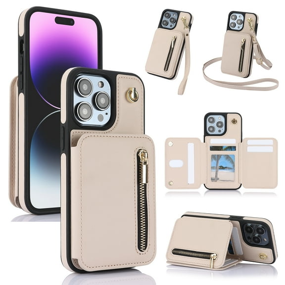 Wallet Case for iPhone 16e with Wrist Strap & Crossbody Strap, Premium PU Leather Card Holder Stand Flip Zipper Pocket RFID Blocking, Women Girls Protective Phone Case Cover, Apricot