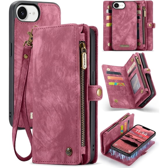 Wallet Case for iPhone 16e, Zipper Purse Folio Leather Wallet with Card Holder Wrist Strap Detachable Magnetic Shockproof Protective Back Case for iPhone 16e 2025 6.1 inch