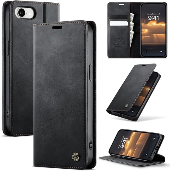 Wallet Case for iPhone 16e/iPhone SE 4/iPhone SE 2025 Leather Wallet Flip Cover with Card Holder, Kickstand, Magnetic Closure, RFID Blocking TPU Shockproof Phone Case Compatible