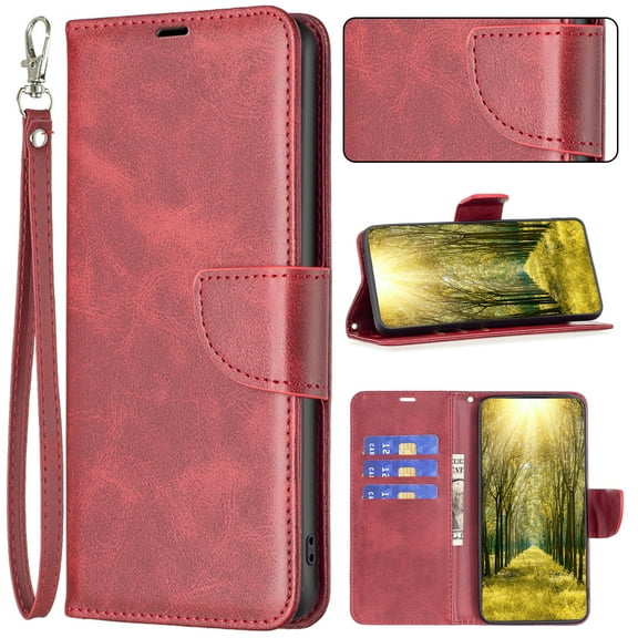 Wallet Case for iPhone 17, Magnetic Clasp RFID Blocking Credit Card Holder with Hand Strap, Premium PU Leather Folio Flip Kickstand Protective Shockproof Phone Cover,Red