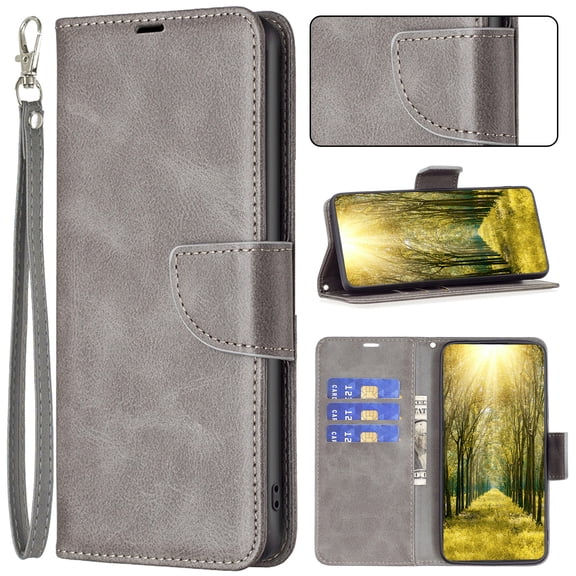 Wallet Case for iPhone 17, Magnetic Clasp RFID Blocking Credit Card Holder with Hand Strap, Premium PU Leather Folio Flip Kickstand Protective Shockproof Phone Cover,Gray
