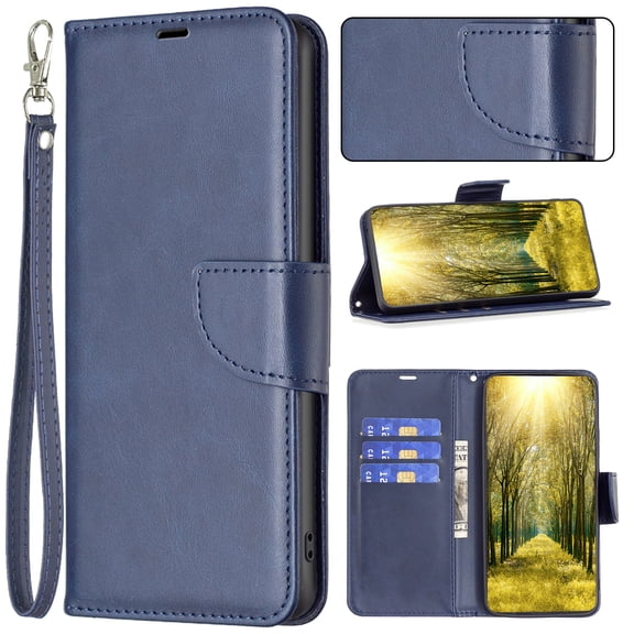 Wallet Case for iPhone 17, Magnetic Clasp RFID Blocking Credit Card Holder with Hand Strap, Premium PU Leather Folio Flip Kickstand Protective Shockproof Phone Cover,Blue