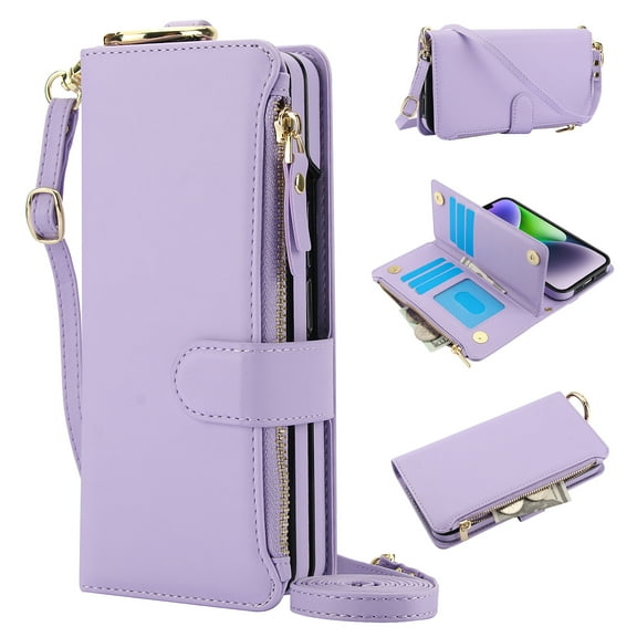 Wallet Case for iPhone 17, PU Leather Flip Cover with RFID Blocking Card Slots Zipper Pocket, Hand Strap Kickstand Magnetic Clasp Finger Ring Detachable Crossbody Strap, Violet