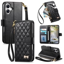 Wallet Case for iPhone 17, Premium Lychee Texture PU Leather Magnetic Closure Zipper Pocket Case Kickstand Card Holder Slots with Wrist Strap TPU Shockproof Flip Phone Cover - Black