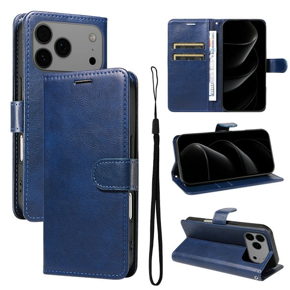 Wallet Case for iPhone 17 Pro with Card Holder, PU Leather Flip Folio Shell Wrist Strap Stand Function Magnetic Closure Shockproof Protective Phone Cover for iPhone 17 Pro, Blue