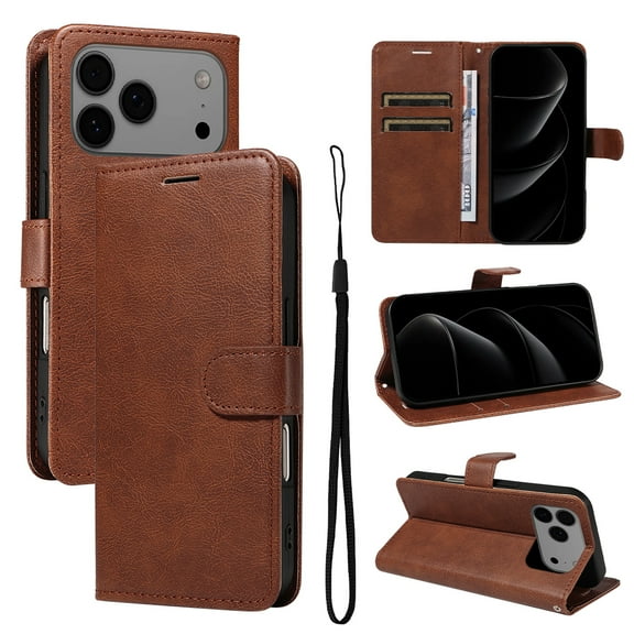 Wallet Case for iPhone 17 Pro with Card Holder, PU Leather Flip Folio Shell Wrist Strap Stand Function Magnetic Closure Shockproof Protective Phone Cover for iPhone 17 Pro, Brown
